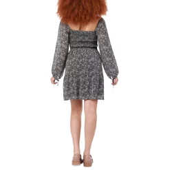 Discount 🛒 Black Tape 👩 Women's Long Sleeve Crewneck Blouson Mini 👗 Dress Mahogany Floral 🎉