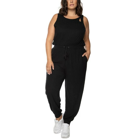 Outlet 😀 Black Tape Trendy Plus Size Cutout Ribbed Jumpsuit 😍 3 Outlet 😀 Black Tape Trendy Plus Size Cutout Ribbed Jumpsuit 😍
