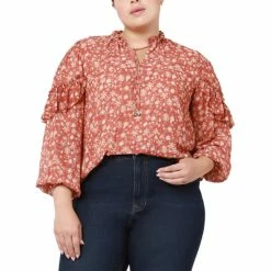 Deals ✔️ Black Tape Trendy Plus Size Ruffle-Trim Peasant Top Dusty Red Floral 🎁