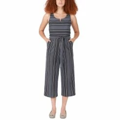 Best Sale ๐งจ Black Tape ๐ฉ Women's Sleeveless Striped Cropped Belted Jumpsuit Navy Sea Stripe ๐