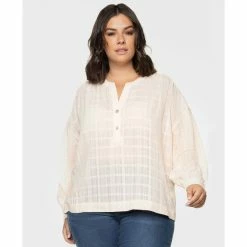Hot Sale 😀 Black Tape Trendy Plus Size Cotton Printed Henley Top Cream Pink ⭐