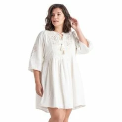 Cheap ✨ Black Tape Trendy Plus Size Embroidered Cotton Peasant 👗 Dress Cream 💯