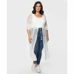 New 🔥 Black Tape Plus Size Sheer Crochet-Trimmed Duster Ivory 🔥