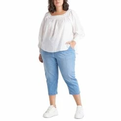 Discount ⌛ Black Tape Trendy Plus Size Cotton Peasant Top Cream ✔️