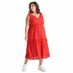 Budget 👏 Black Tape Trendy Plus Size Eyelet Midi 👗 Dress Fiery Red ⭐