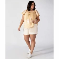 Best Pirce 👏 Black Tape Trendy Plus Size Embroidered Flutter-Sleeve Cotton Top Pale Peach 🌟