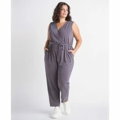 Promo ๐ Black Tape Trendy Plus Size Belted Sleeveless Jumpsuit Slate Grey โ๏ธ