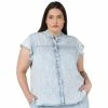 Best Pirce 🎉 Black Tape Trendy Plus Size Chambray Flutter-Sleeve Top Light Acid Blue Wash 😍