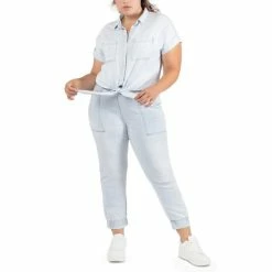 Hot Sale 🛒 Black Tape Plus Size Tie-Front Tencel Top Bleach Wash 😀