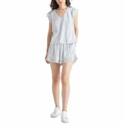 Buy ✔️ Black Tape 👩 Women's Ruffled-Hem Shorts Soft Blue Stripe 💯