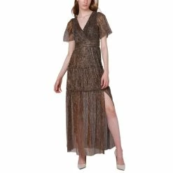 Budget 🧨 Black Tape 👩 Women's V-Neck Chiffon Leg-Slit Maxi 👗 Dress Gold Crinkle 🛒