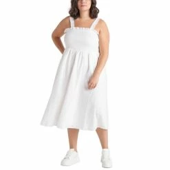 Best deal 🤩 Black Tape Trendy Plus Size Cotton Eyelet Midi 👗 Dress White 🤩