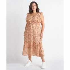 Outlet 👏 Black Tape Plus Size Printed Back-Tie Ruffle Midi 👗 Dress ☀️ Summer Sunset 🧨